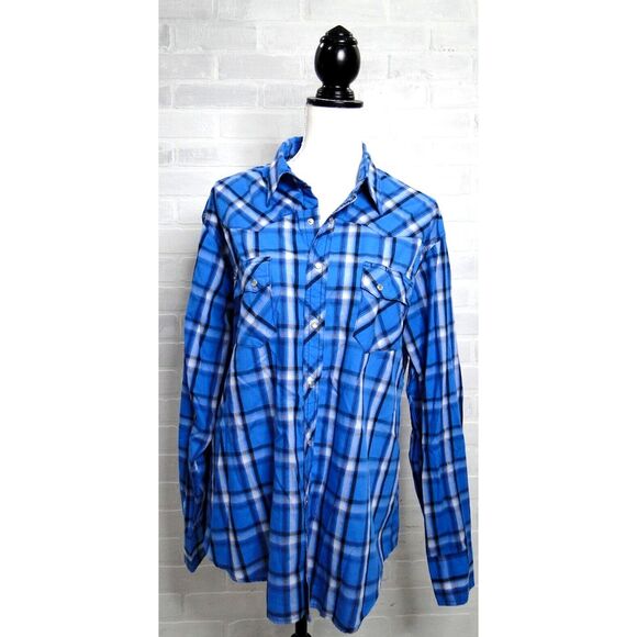 Wrangler Other - Wrangler Pearl‎ Snap Shirt Mens Size XL Blue Black Plaid Long Sleeve Cowboy